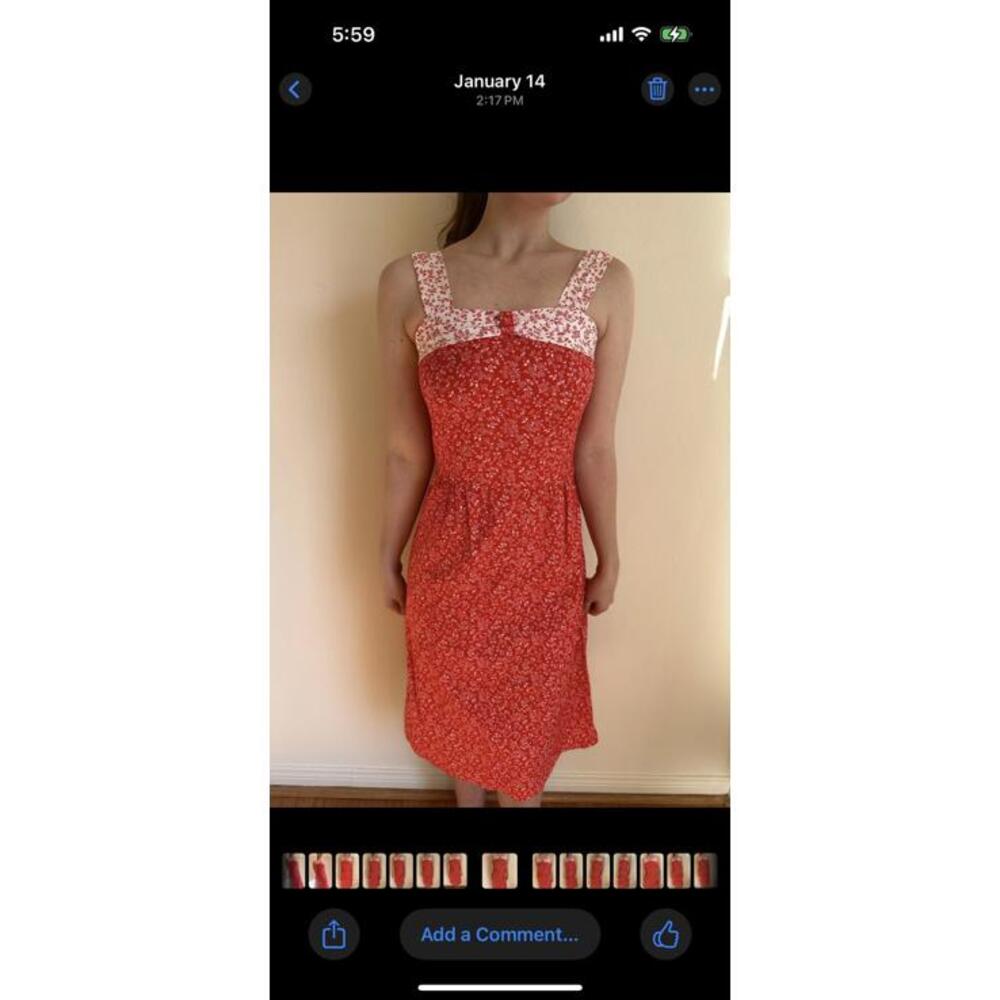 Red and White Handmade Floral Prairie Mini Dress - Picture 5 of 6